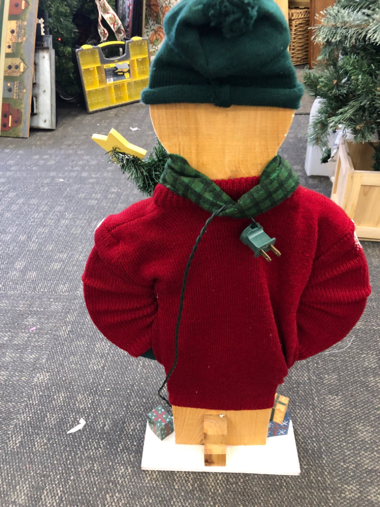 WOOD STANDING SNOWMAN LIGHT UP W/ RED SWEATER.