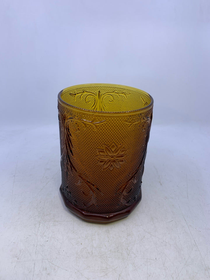 VTG AMBER GLASS TIARA CANISTER.