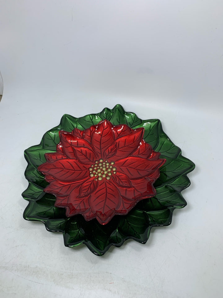 2 NESTING GLASS POINSETTIA PLATES RED/GREEN.