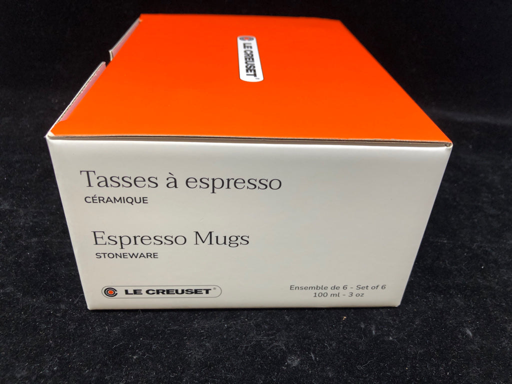 6 NIB LE CREUSET ESPRESSO MUGS.
