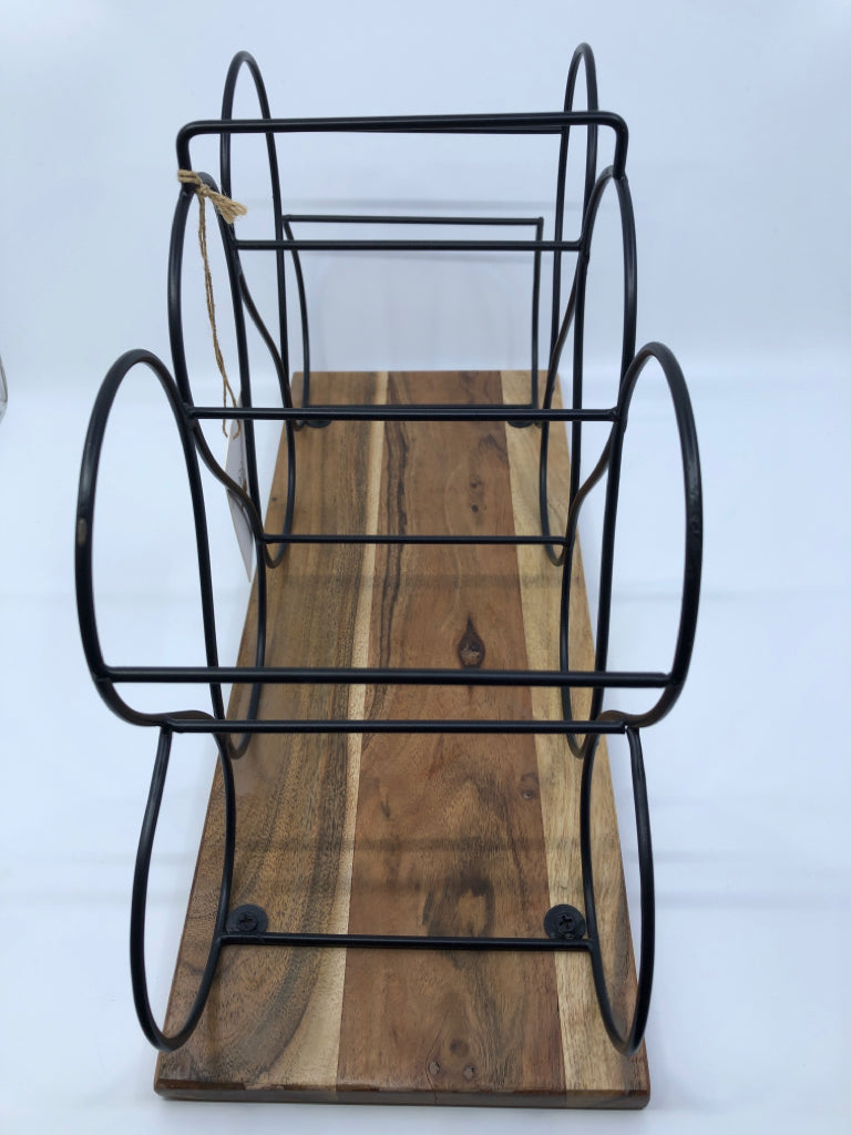 WOOD BASE METAL WINE RACK.