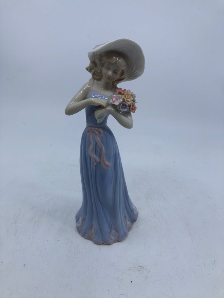 GIRL IN BLUE DRESS W FLORAL- GATHERING FLOWERS.