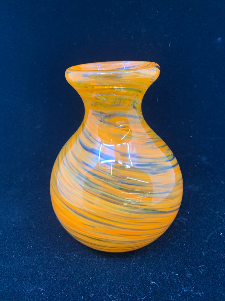 ORANGE & BLACK SWIRL GLASS VASE.