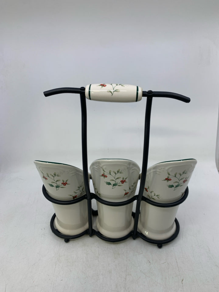 PFALTSGRAFF WINTERBERRY CERAMIC 3 SLOT UTENSIL HOLDER W/ STAND.