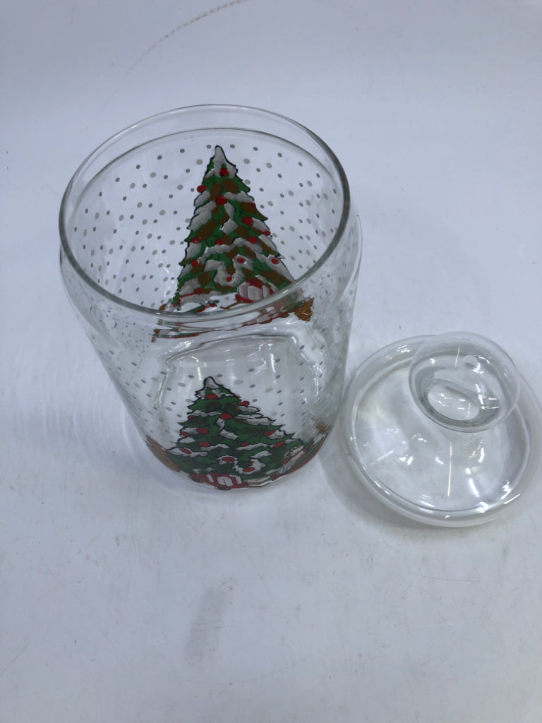 CLEAR GLASS HOLIDAY TREE CANISTER W/LID.