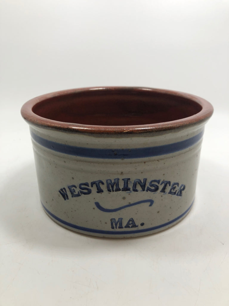 WESTMINSTER BLUE SPECKLED STONEWARE CROCK.