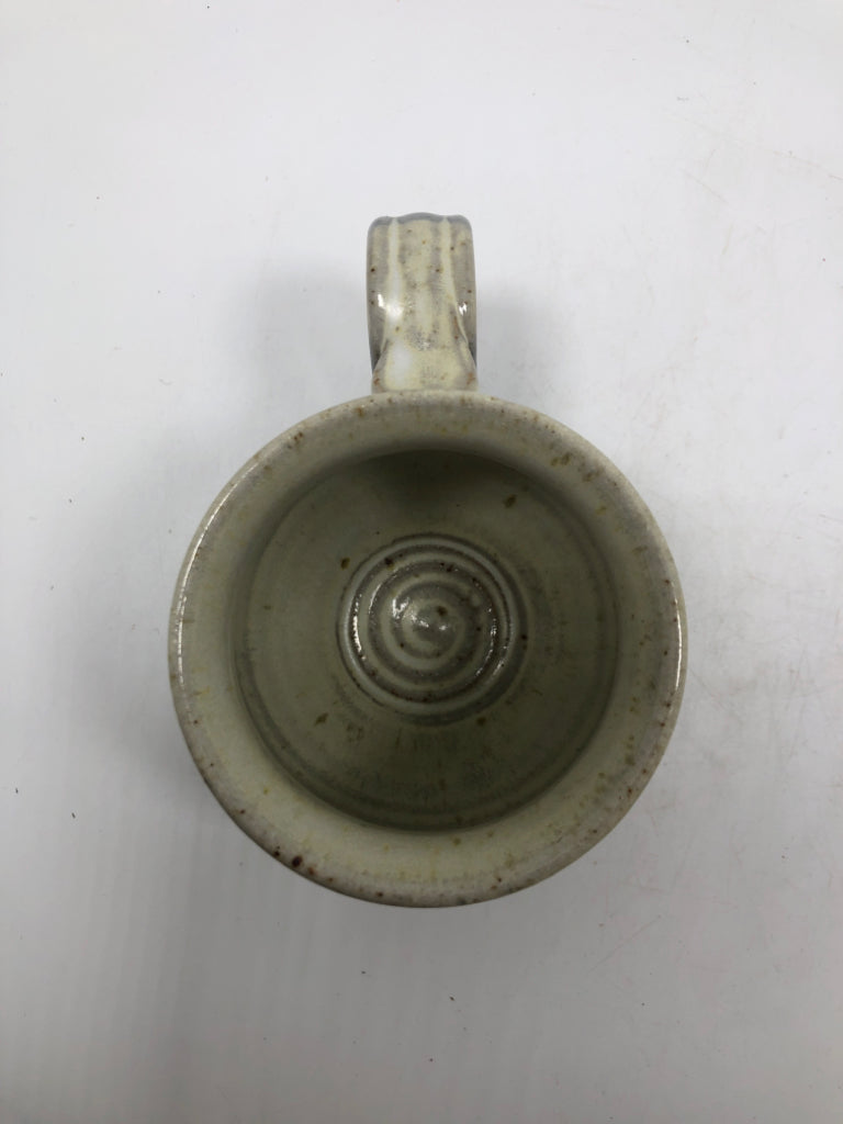 TEAL/BEIGE POTTERY MUG.
