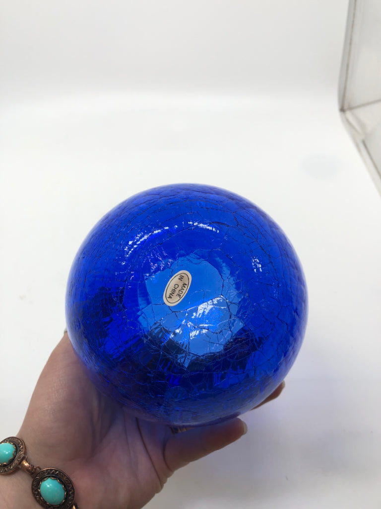 COBALT BLUE CRACKLE GLASS ORB TEALIGHT HOLDER.