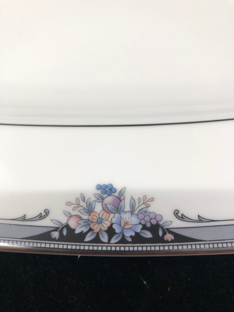 BLUE FLORAL W SILVER PLATTER.