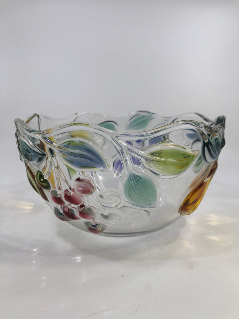 GLASS WAVY CUT BOWL W/ COLORED GLASS FRUIT.