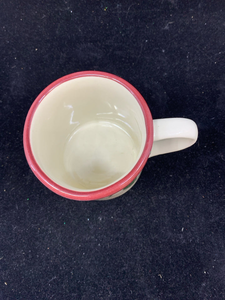 HARTSTONE CHRISTMAS LIGHTS MUG RED RIM.