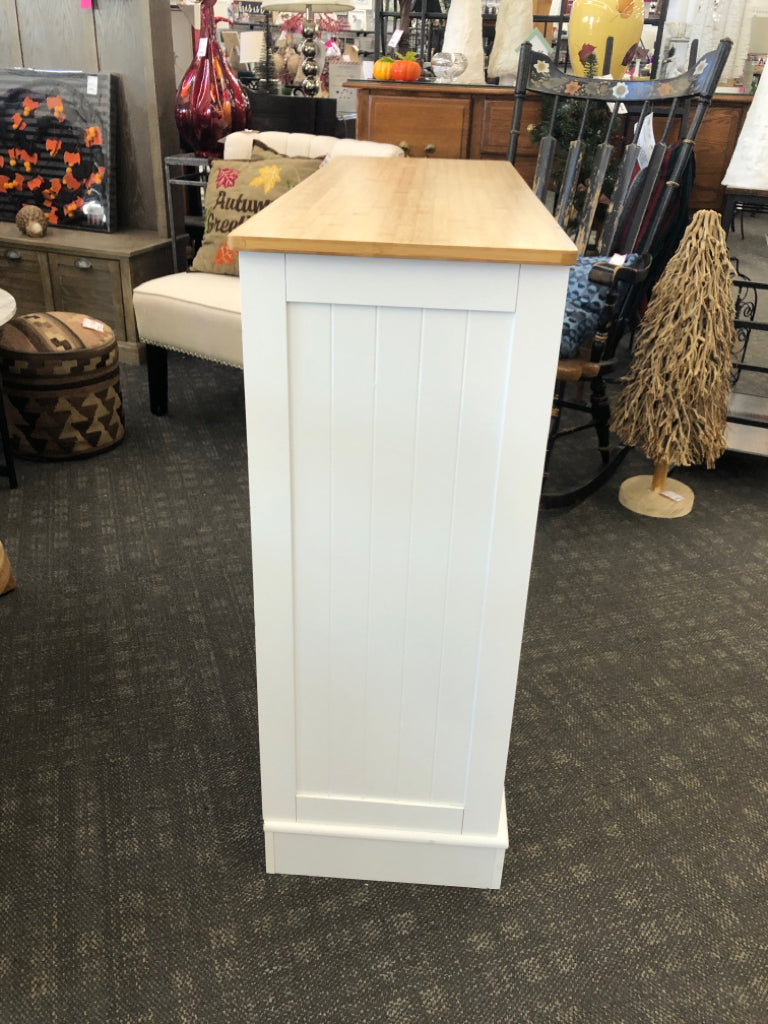 WHITE HIDDEN TRASH CABINET W WOOD TOP & 2 DRAWERS.