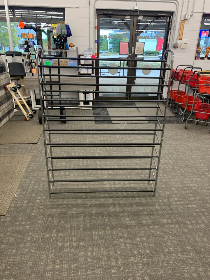 METAL NINE SHELF STANDING SHOE RACK.