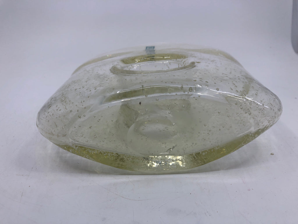 BLOWN GLASS BASE W/ BUBBLE DETAIL HOLE TROUGH CENTER.