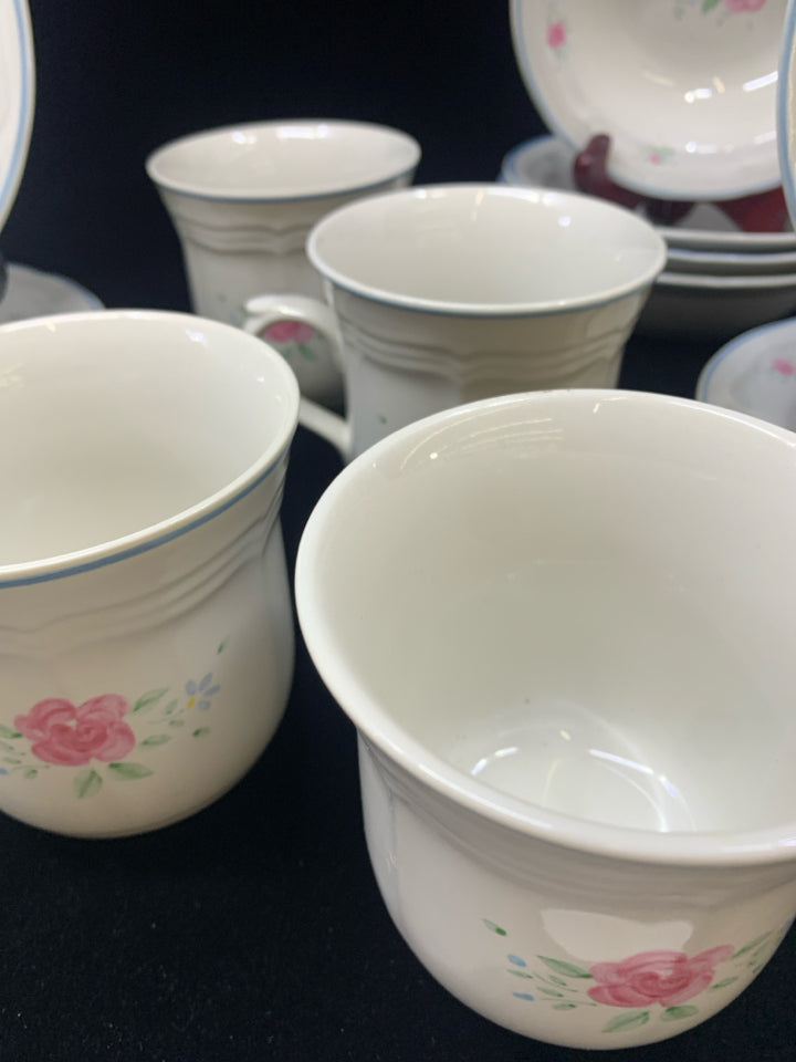 16PC WHITE & PINK FLORAL DISH SET W/BLUE RIM.