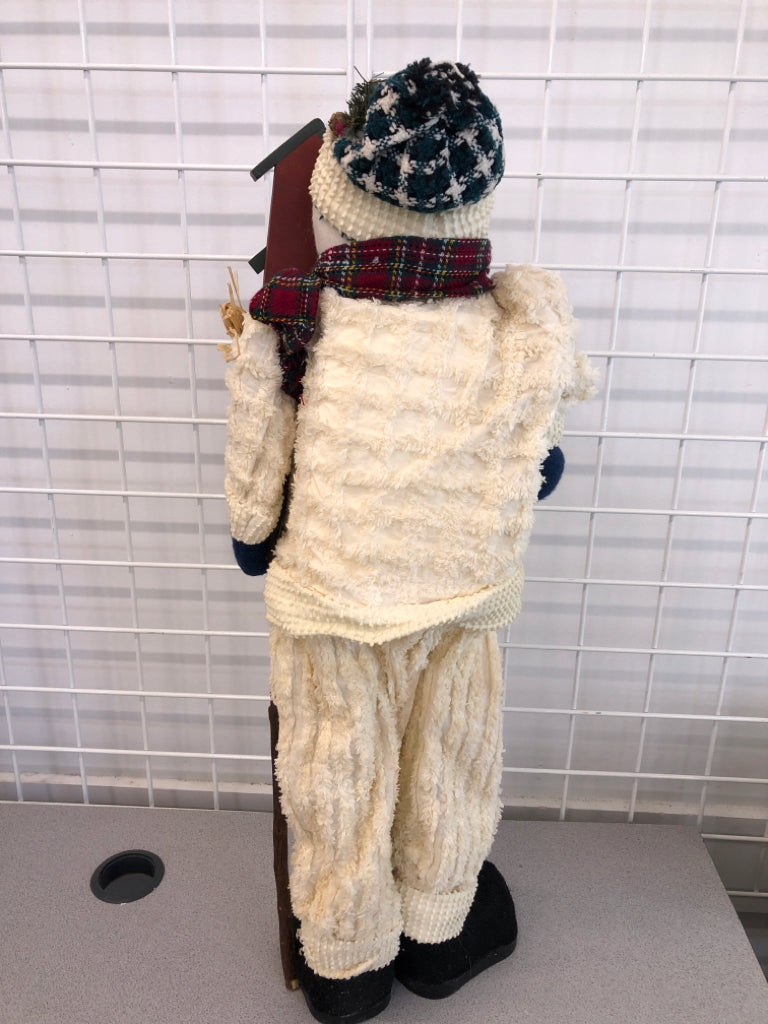 SNOWMAN IN WINTER CLOTHING W/BIRD HOUSE.