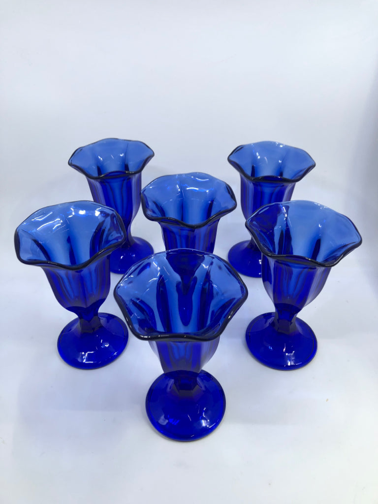 6 COBALT BLUE TALL GLASS SUNDAE CUPS.