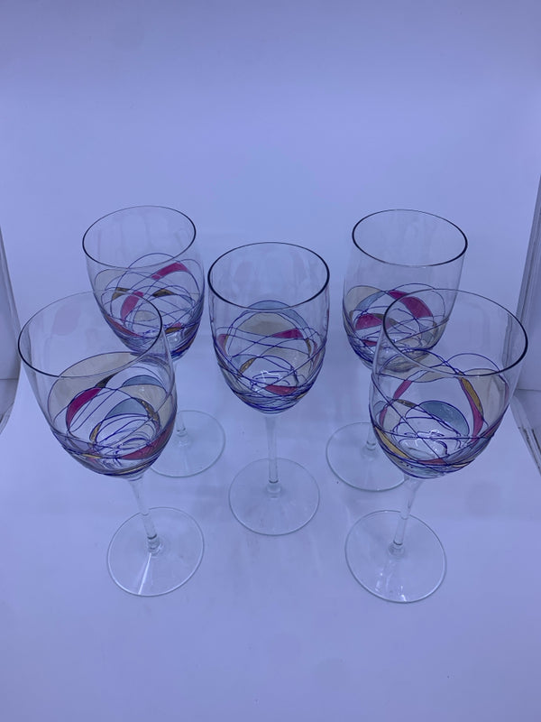 5 LARGE STAINED GLASS WINE GLASS.