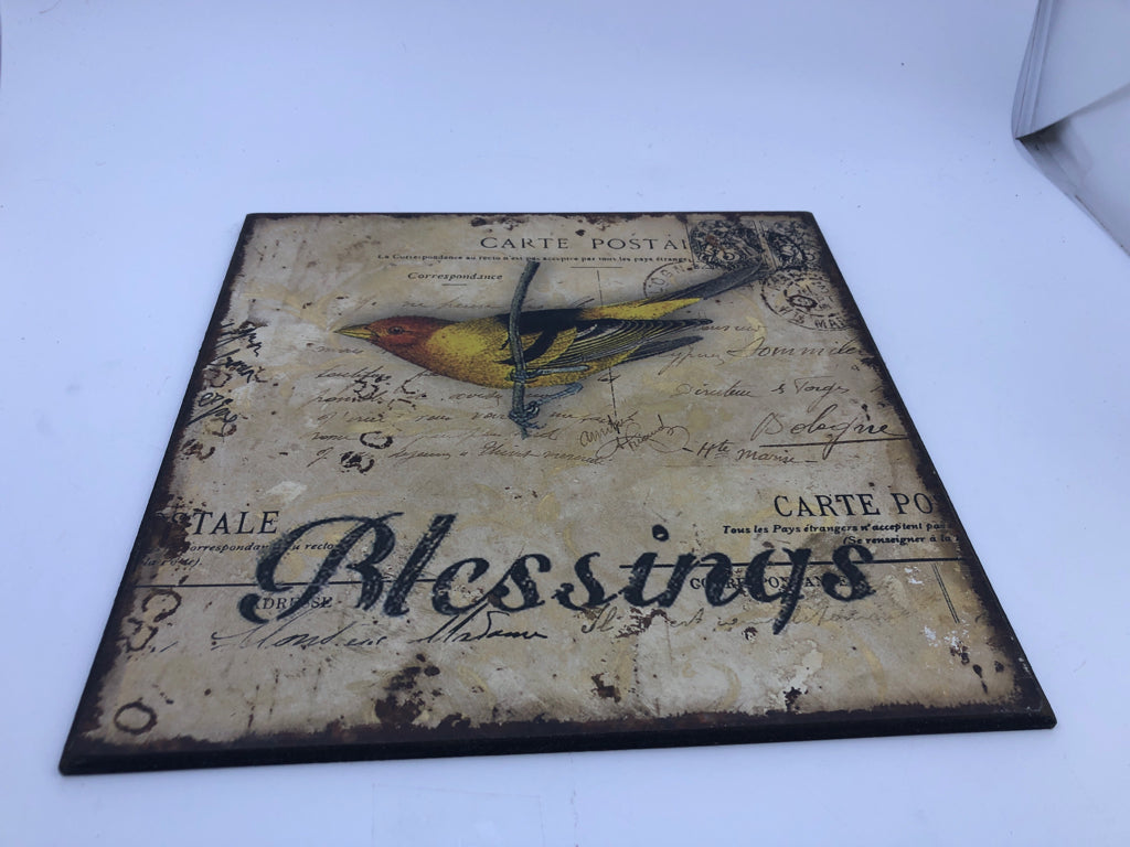YELLOW BIRD ON POSTCARD BACKGROUND WALL HANGING.