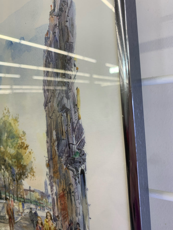 PARIS STREET WATERCOLOR IN SILVER FRAME.