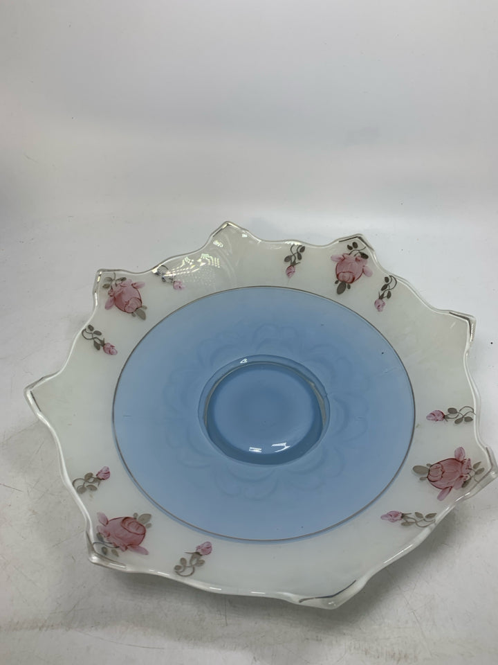 VTG GLASS CENTERPIECE BOWL W/ PINK FLOWERS UNEVEN EDGE.