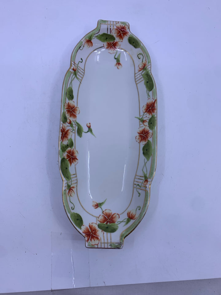 VTG RED AND GREEN FLORAL OVAL DISH.
