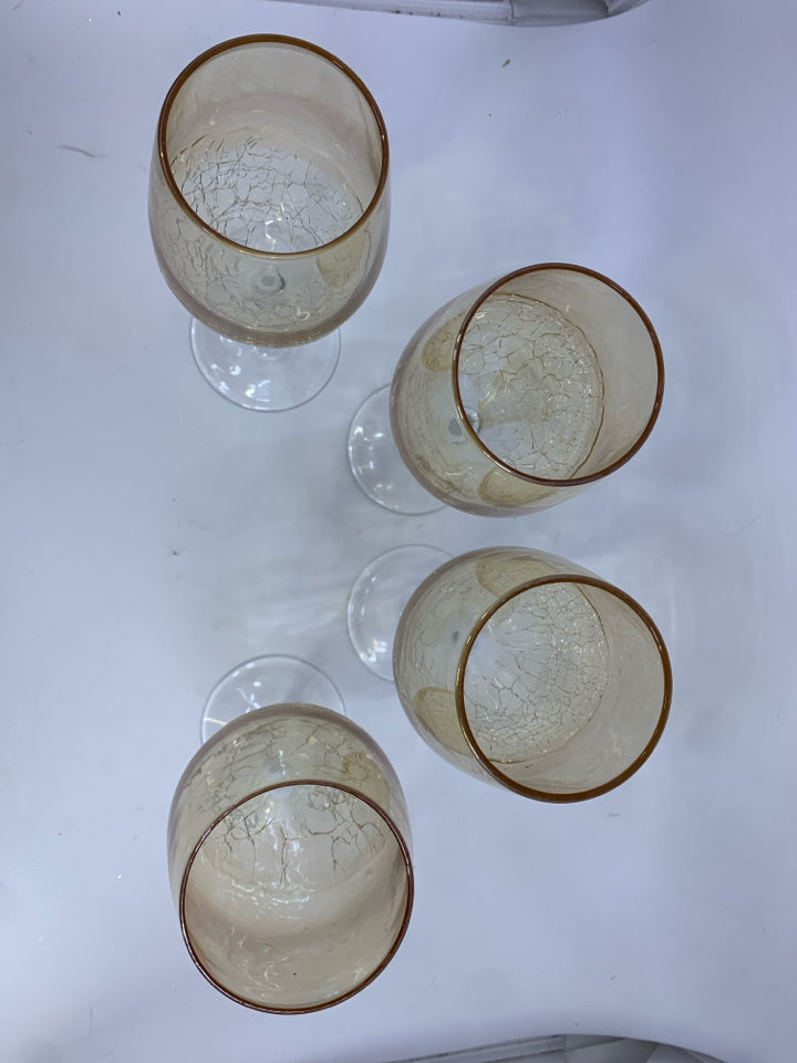 4 ORANGE CRACKLE GLASS WINE GLASSES.
