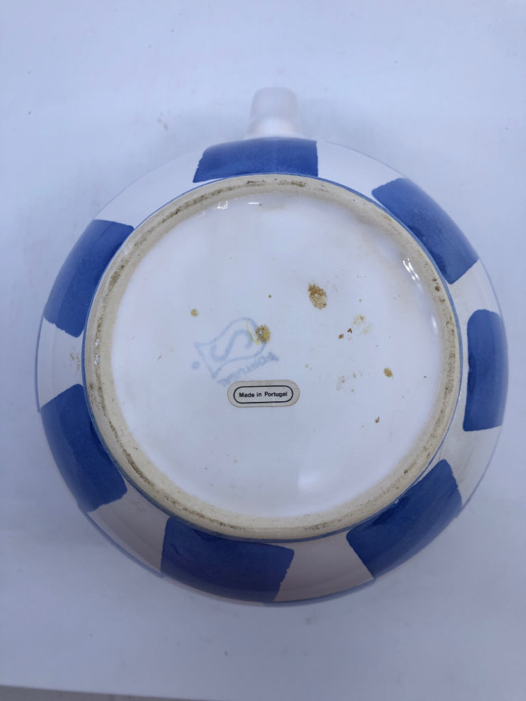 BLUE, WHITE CHECKERED CERAMIC PITCHER.