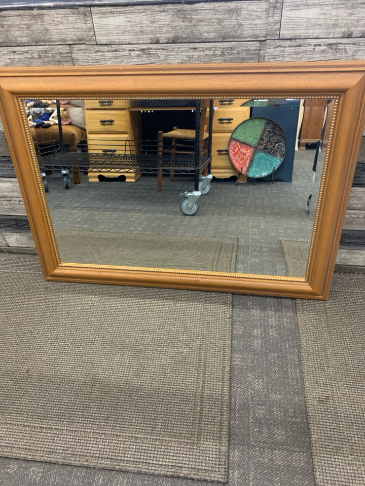 WOOD LARGE HEAVY MIRROR W/ GOLD BEADED INNER EDGE.