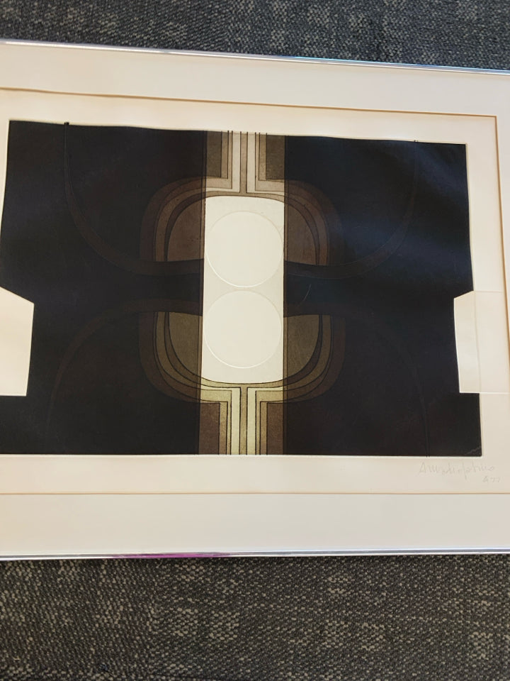 ABSTRACT CIRCLE WALL ART l- SIGNED IN SILVER FRAME.