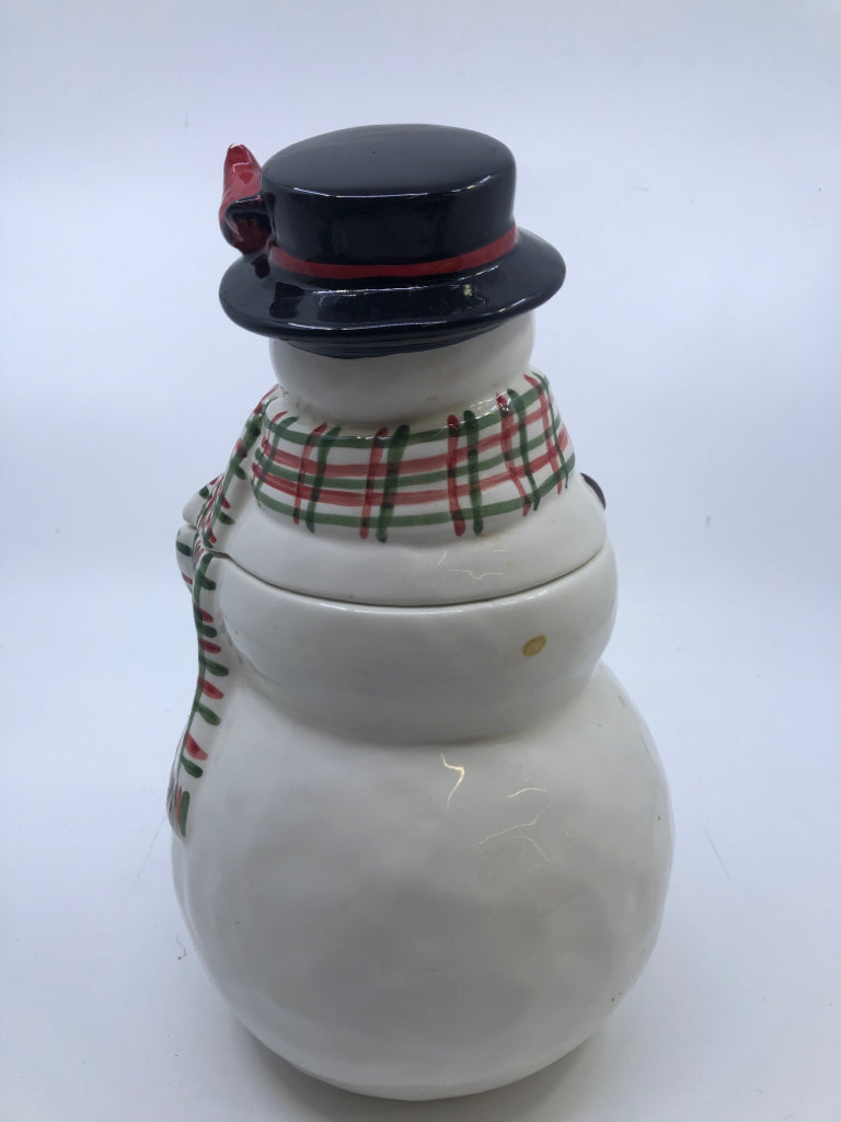 SNOWMAN COOKIE JAR W PLAID SCARF.