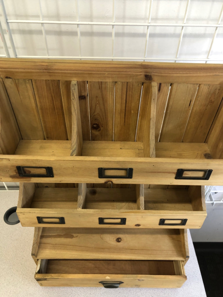 WOODEN CUBBIE W/ LABEL BORDERS & DRAWER WALL HANGING.
