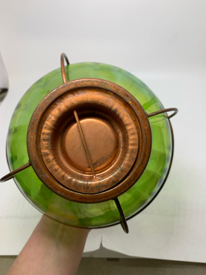 GREEN GLASS TEA LIGHT LANTERN W/ METAL DOME.