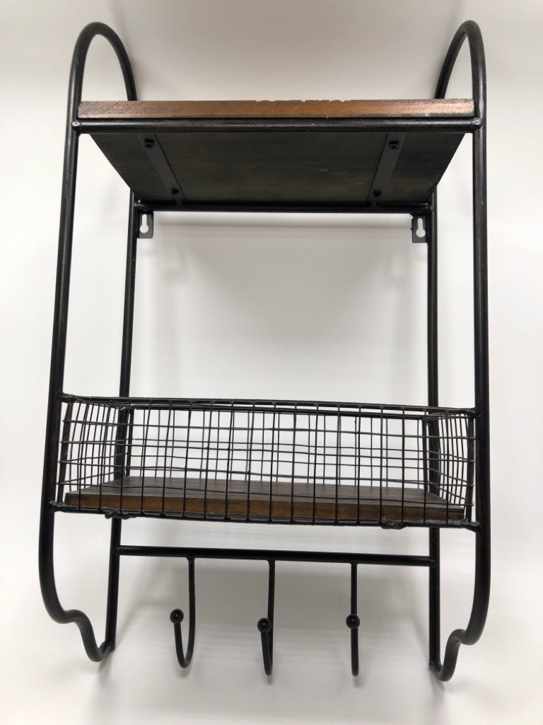 RUSTIC BLACK METAL AND WOOD WALL ORGANIZER.