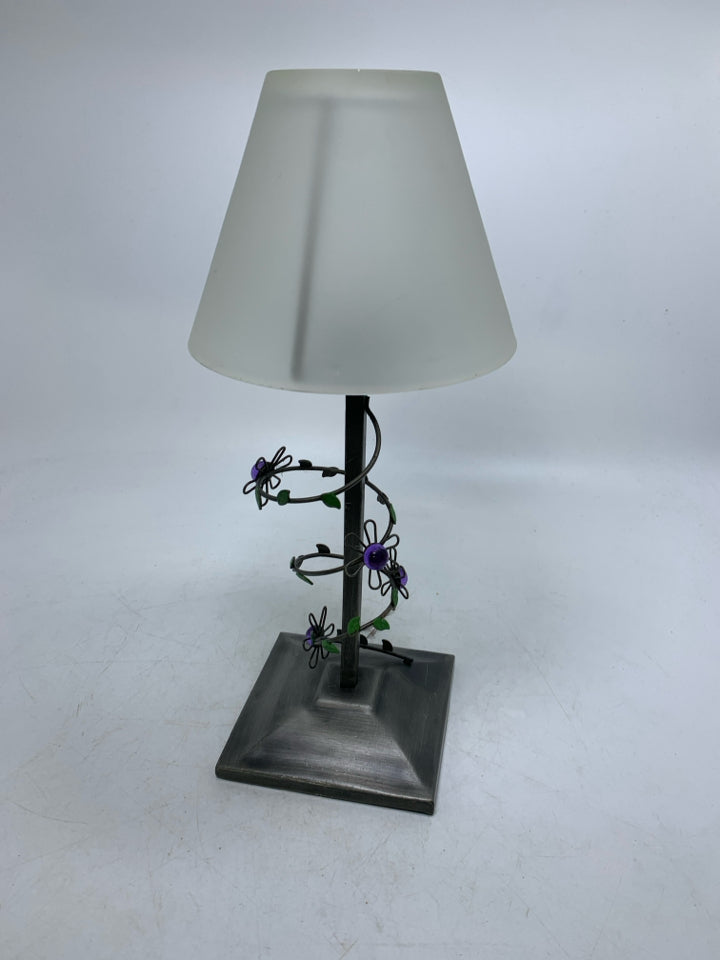 METAL TEA LIGHT CANDLE LAMP W/ FROST GLASS SHADE.