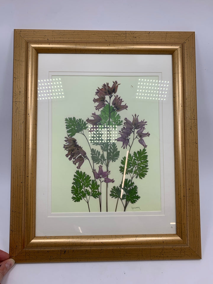 PURPLE FLOWERS PRINT IN GOLD FRAME.