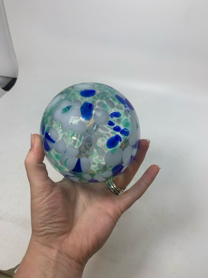 GREEN BLUE WHITE BLOWN GLASS HANGING TEAR DROP ORB.