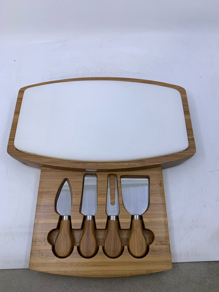 OVAL CHEESE BOARD W/ WHITE STONE TOP DRAWER W/ KNIFES.