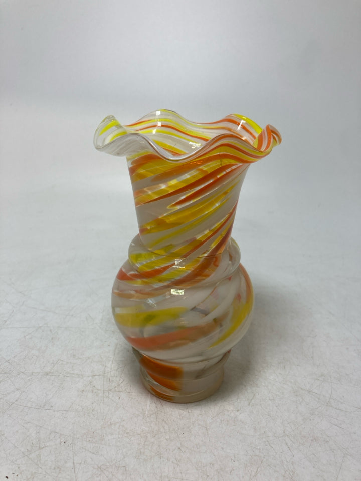 BLOWN GLASS ORANGE/YELLOW STRIPED VASE RUFFLE EDGE.