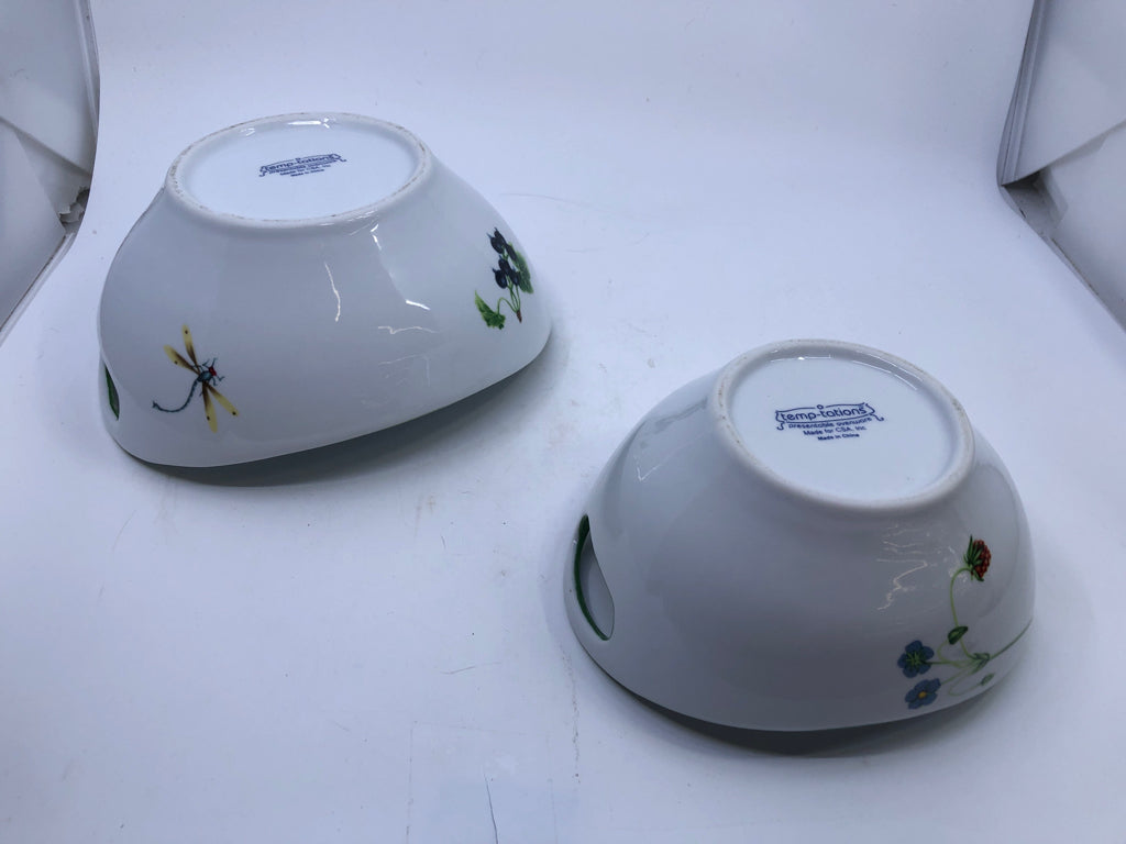 2 NESTING BOWLS W/FRUITS INSECTS WHITE GREEN RIM W/ HANDS.