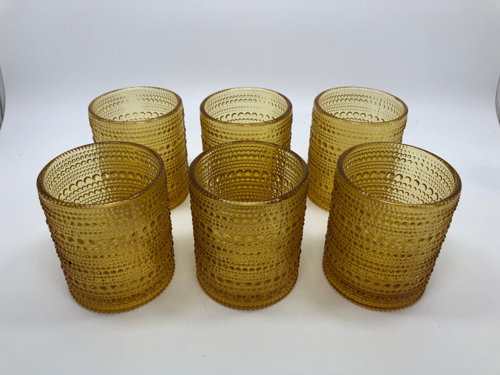 6 AMBER HOBNAIL GLASSES.