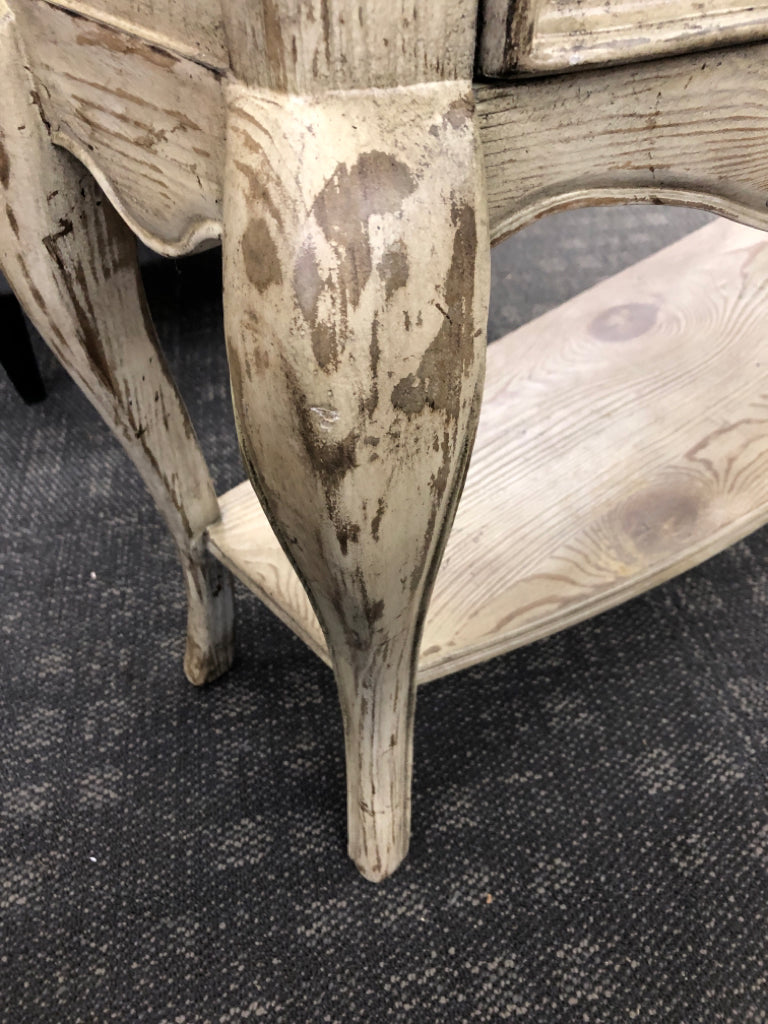 RUSTIC OFF WHITE 2 DRAWER CONSOLE TABLE W/ LOW SHELF.