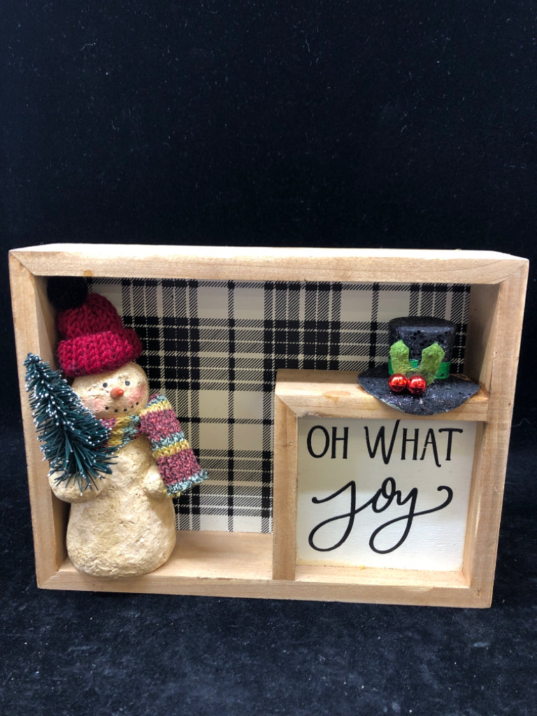 WOODEN PICTURE W/ SNOWMAN AND HAT.