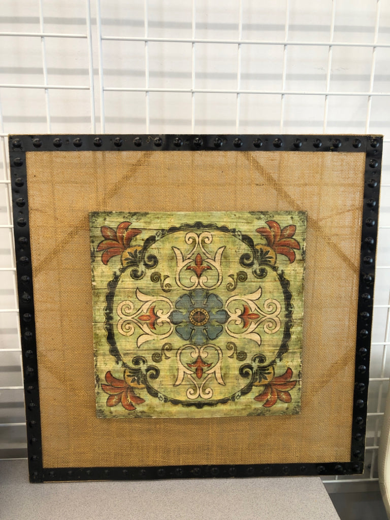 FLOWER MEDALLION ART ON BURLAP WALL HANGING.