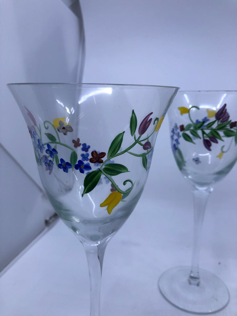 4 TALL FLORAL PAINTED WINE GLASSES.