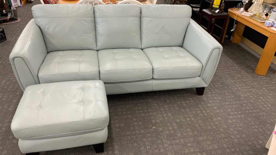 PALE BLUE LEATHER SOFA W/OTTOMAN.
