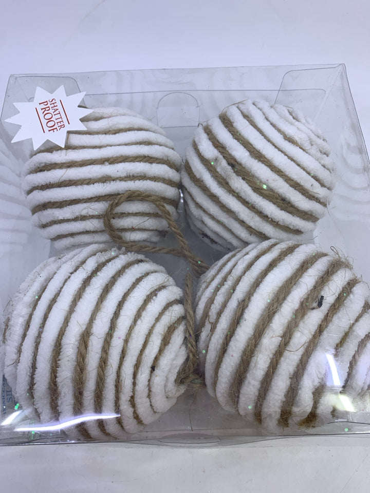 NIB 4 WHITE & TWINE GLITTER BALL ORNAMENTS.