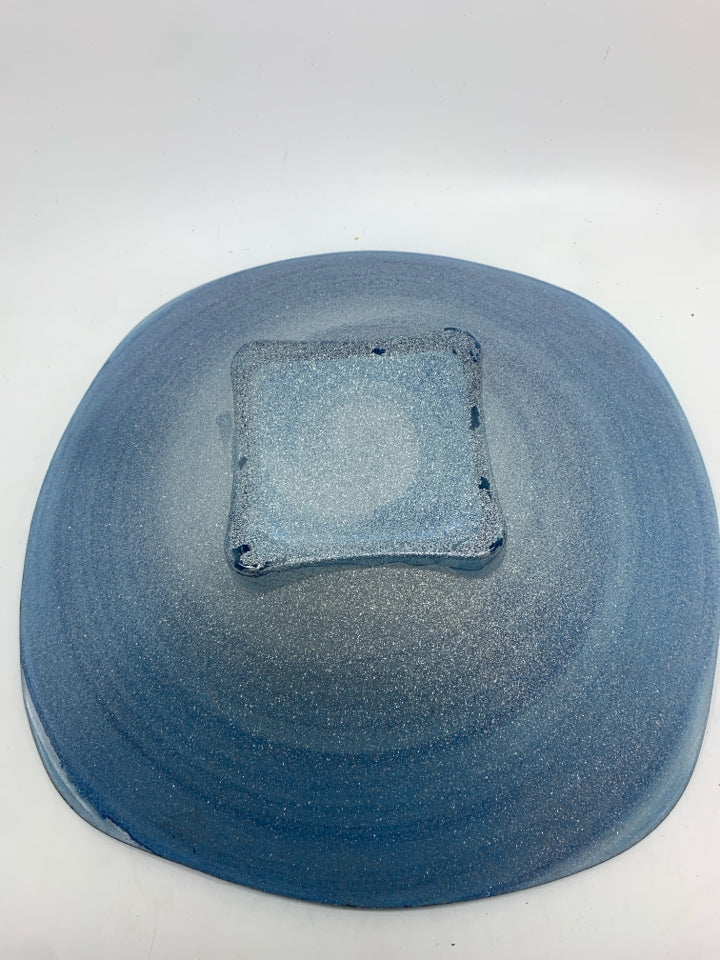 BLUE GLITTER SWIRL GLASS CENTERPIECE BOWL.