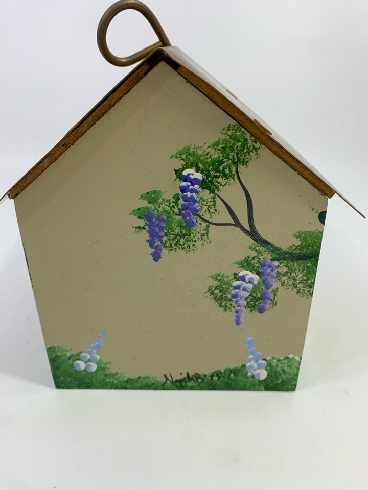 HAND PAINTED BIRD HOUSE WITH COPPER TIN ROOF.