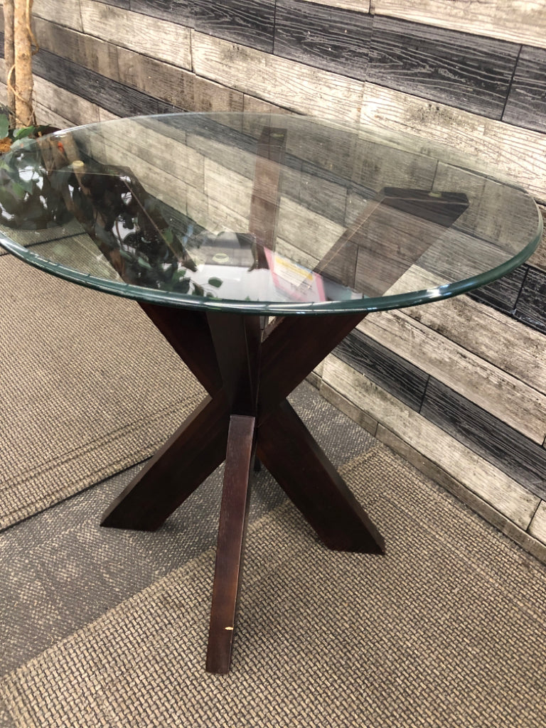CIRCLE GLASS SIDE TABLE DARK BASE.